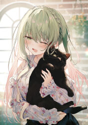 Rule 34 | 1girl, ;d, animal, animal hug, black cat, blurry, blurry background, blush, braid, breasts, brick wall, cat, cecilia (shiro seijo to kuro bokushi), clothing cutout, commentary request, crown braid, day, depth of field, dress, floral print, green eyes, green hair, hair between eyes, hanging plant, indoors, kazutake hazano, long hair, medium breasts, multicolored hair, hugging object, one eye closed, open mouth, pink hair, plant, potted plant, print dress, shiro seijo to kuro bokushi, shoulder cutout, smile, solo, sunlight, two-tone hair, very long hair, white dress, window