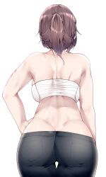 Rule 34 | 1girl, absurdres, ass, bandages, bandeau, bare arms, bare shoulders, black pants, breasts, brown hair, butt crack, chest sarashi, commentary, cowboy shot, from behind, hand on own hip, highres, large breasts, midriff, original, pants, ponytail, samip, sarashi, short hair, simple background, solo, standing, strapless, tube top, white background