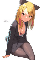 Rule 34 | 1girl, animal ears, arm support, black pantyhose, black skirt, blonde hair, bra, breasts, business suit, cleavage, cloba, commentary request, crossed legs, dated, downblouse, formal, highres, leaning forward, looking at viewer, medium breasts, multicolored hair, original, pantyhose, pencil skirt, pink bra, red hair, shiny clothes, signature, simple background, sitting, skirt, solo, suit, two-tone hair, underwear, white background, yellow eyes