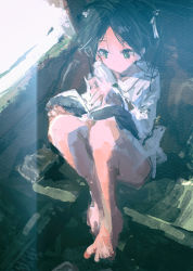 Rule 34 | 1girl, backlighting, bare legs, barefoot, black hair, book, closed mouth, dot mouth, dot nose, expressionless, facing viewer, faux traditional media, francesca lucchini, green eyes, hands up, impressionism, indoors, kabuyama kaigi, knees up, long hair, long sleeves, looking down, muted color, no lineart, no pants, open book, parted bangs, reading, sitting, solo, strike witches, sunlight, turning page, twintails, window, wing collar, world witches series