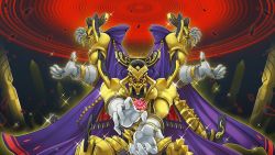 Rule 34 | 3boys, armor, artist request, athena exclamation, cape, duel monster, eldlich the golden lord, full armor, gloves, glowing, glowing eyes, gold armor, highres, horns, incoming attack, multiple boys, multiple persona, parody, saint seiya, shoulder spikes, spikes, white gloves, wide sleeves, yu-gi-oh!