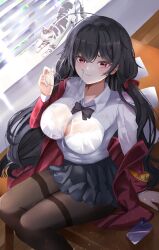 Rule 34 | 1girl, absurdres, ahoge, armband, azur lane, black bow, black bowtie, black hair, black skirt, bow, bowtie, bra visible through clothes, breasts, brown pantyhose, button gap, cat, cellphone, collared shirt, desk, highres, huge ahoge, indoors, jacket, large breasts, long hair, looking at viewer, miniskirt, official alternate costume, on desk, pantyhose, phone, pleated skirt, red eyes, red jacket, rei tuki, round eyewear, school uniform, see-through, see-through shirt, shirt, shirt tucked in, skirt, smartphone, solo, taihou (azur lane), taihou (sweet time after school) (azur lane), thighband pantyhose, very long hair, wet, wet clothes, wet shirt, white shirt, window, yellow armband