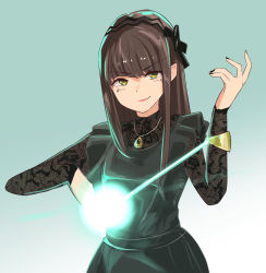 Rule 34 | 1girl, absurdres, alternate form, beam, black dress, black headwear, black nails, brown hair, carmeara, commentary request, cycloneactionx, dress, energy, evil smile, headdress, highres, jewelry, long hair, looking at viewer, nail polish, necklace, sidelocks, smile, solo, straight hair, tokusatsu, uesaka sumire, ultra series, ultraman trigger (series), upper body, voice actor, voice actor connection, yellow eyes
