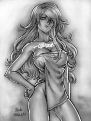 Rule 34 | 1girl, blade of fury, breasts, cleavage, curly hair, eyelashes, greyscale, hand on own hip, large breasts, long hair, looking down, monochrome, naked towel, original, solo, towel