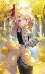 Rule 34 | 1girl, animal ears, black camisole, black pantyhose, blonde hair, blue shorts, blurry, blurry background, blush, bow, breasts, camisole, commentary request, cup, day, depth of field, disposable cup, drinking straw, fox ears, fox girl, fox tail, from behind, ginkgo leaf, ginkgo tree, glaze artifacts, hair bow, highres, holding, holding cup, holding leaf, kitsune, leaf, long hair, long sleeves, looking at viewer, looking back, one side up, original, outdoors, pantyhose, pantyhose under shorts, parted lips, red bow, red eyes, see-through, short shorts, shorts, siera (sieracitrus), signature, small breasts, solo, standing, tail, tree, watch, wristwatch