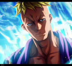 Rule 34 | 1boy, artist name, blonde hair, blue eyes, closed mouth, cloud, cloudy sky, collarbone, commentary, english commentary, facial hair, highres, mad-ak, male focus, marco (one piece), mohawk, one piece, outdoors, short hair, sky, solo