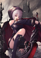 Rule 34 | 1girl, absurdres, between legs, black cape, black coat, black legwear, boots, brown eyes, cape, clothing cutout, cloud, cloudy sky, coat, fur-trimmed coat, fur trim, hair over one eye, hand between legs, highres, holding, holding sword, holding weapon, hood, hood up, hooded, knee boots, long sleeves, looking at viewer, nekobell, outdoors, shadowverse, short hair, shoulder cutout, silver hair, sky, solo, sword, weapon, wizardess of oz