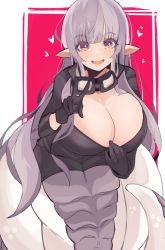 Rule 34 | 1girl, :d, absurdres, biker clothes, black gloves, blunt bangs, blush, breasts, brown eyes, cleavage, commission, fang, gloves, goggles, goggles around neck, grey hair, happy, heart, highres, huge breasts, lamia, long hair, looking at viewer, monster girl, monster girl encyclopedia, open mouth, pointy ears, second-party source, shirohebi (monster girl encyclopedia), smile, solo, tail, v, yoshiikirablr