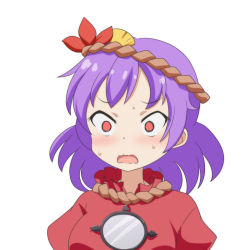 Rule 34 | 1girl, blush, cato (monocatienus), commentary, constricted pupils, empty eyes, ginkgo leaf, hair ornament, leaf, leaf hair ornament, looking to the side, maple leaf, mirror, open mouth, parted bangs, purple hair, red eyes, red shirt, rope, shimenawa, shirt, short hair, simple background, sweat, touhou, upper body, wavy mouth, white background, yasaka kanako