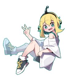 Rule 34 | :d, amano pikamee, black footwear, black hairband, black shorts, blonde hair, clenched hand, colored inner hair, commentary, from side, full body, green hair, hairband, hand up, highres, knees up, looking at viewer, multicolored hair, off-shoulder shirt, off shoulder, open mouth, shirt, shoes, shorts, simple background, sketchy guy01, smile, sneakers, symbol-only commentary, teeth, upper teeth only, virtual youtuber, voms, w, white background, white shirt