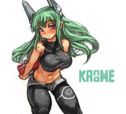 Rule 34 | 1girl, bare shoulders, borrowed character, breasts, character name, female focus, green hair, headgear, large breasts, leaning forward, long hair, menou kaname (taishi), midriff, navel, original, pants, purple eyes, sachito, simple background, solo, white background