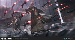 6+boys ameen_naksewee artist_name artstation_username beard black_pants blonde_hair blue_vest brown_hair brown_robe copyright_name english_text facial_hair gun han_solo hangar highres holding holding_gun holding_weapon indoors laser logo luke_skywalker multiple_boys obi-wan_kenobi open_clothes open_robe pants robe shirt short_hair spacecraft star_wars stormtrooper telekinesis tunic vest weapon white_hair white_shirt white_tunic