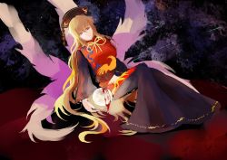 Rule 34 | 1girl, animal print, belt, bird print, black dress, black hat, black sky, blonde hair, blood, bow, bowtie, breasts, brown belt, chinese clothes, closed eyes, cloud, cloudy sky, commentary request, crescent, dress, energy, falling star, hair between eyes, hat, junko (touhou), legacy of lunatic kingdom, liyunfeng96, long hair, long sleeves, looking to the side, mandarin collar, medium breasts, moon, night, night sky, phoenix crown, phoenix print, pom pom (clothes), red eyes, red tabard, sitting, sky, smile, solo, space, star (sky), starry sky, tabard, touhou, wide sleeves, yellow bow, yellow bowtie