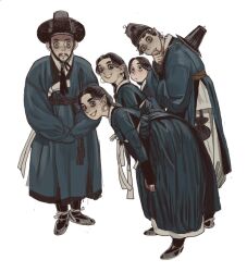 Rule 34 | 2boys, 3girls, black eyes, black socks, closed mouth, colored sclera, earrings, facial hair, family, freckles, grey sclera, hanbok, hat, hat on back, highres, hoop earrings, jewelry, korean clothes, leaning forward, looking at viewer, mossacannibalis, multiple boys, multiple girls, mustache, original, pale skin, parted lips, pointy ears, pouch, sandals, simple background, smile, socks, white background, wide-eyed
