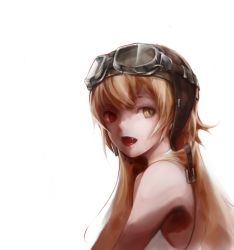 Rule 34 | 1girl, absurdres, bad id, bad pixiv id, bare shoulders, blonde hair, blood, blood from mouth, fangs, from side, goggles, goggles on head, gyup91, heterochromia, highres, long hair, looking at viewer, looking to the side, monogatari (series), open mouth, oshino shinobu, red eyes, shaded face, shirt, simple background, sleeveless, sleeveless shirt, solo, upper body, vampire, white background, yellow eyes