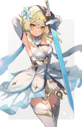 Rule 34 | 1girl, absurdres, abusoru, arm behind head, arm up, armpits, bare shoulders, blonde hair, blush, breasts, cleavage, detached sleeves, dress, feather hair ornament, feathers, flower, genshin impact, hair flower, hair ornament, highres, large breasts, looking at viewer, lumine (genshin impact), medium hair, scarf, sidelocks, solo, sword, thighhighs, thighs, weapon, white dress, white scarf, white thighhighs, yellow eyes