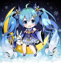 Rule 34 | 1girl, ahoge, bad id, bad pixiv id, blue bow, blue dress, blue eyes, blue footwear, blue gloves, blue hair, bow, chibi, crescent moon, dress, fingerless gloves, gloves, hair bow, hair ornament, hatsune miku, long hair, looking at viewer, moon, on crescent, shoes, sitting on moon, smile, snowflakes, solo, star (symbol), star hair ornament, thighhighs, twintails, very long hair, vocaloid, wand, white thighhighs, yuki miku, yukine (vocaloid), yuuka nonoko