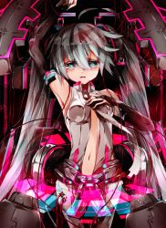 Rule 34 | 1girl, arm up, armpits, bad id, bad pixiv id, blue eyes, bridal gauntlets, center opening, hatsune miku, hatsune miku (append), long hair, navel, necktie, red pupils, saihate (saihate d3), solo, thighhighs, twintails, very long hair, vocaloid, vocaloid append