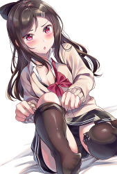 Rule 34 | 1girl, :o, animal ear legwear, bad id, bad pixiv id, bed sheet, black bow, black hair, blush, bow, bowtie, cardigan, cat ear legwear, chestnut mouth, collared shirt, hair bow, hair ornament, hairpin, long hair, looking at viewer, no shoes, open collar, original, over-kneehighs, red bow, red bowtie, red eyes, school uniform, shirt, sitting, skirt, solo, tearing up, thighhighs, thighhighs pull, tipii, v-shaped eyebrows, white background