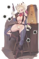 Rule 34 | 1girl, absurdres, bare shoulders, blonde hair, blush, boots, braid, breasts, brown footwear, bullet hole, chaps, cleavage, clothing cutout, cowboy hat, cowgirl (western), crotch cutout, full body, gloves, grey eyes, gun, hat, highres, holding, holding gun, holding weapon, knee boots, large breasts, long hair, looking at viewer, mole, mole under eye, navel, open mouth, original, revealing clothes, smile, solo, stool, suerte, thighs, twin braids, wanted, weapon, white gloves, white hat