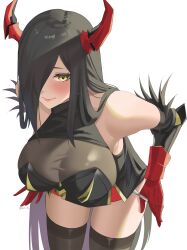 Rule 34 | 1girl, absurdres, azur lane, black hair, blush, breasts, brown thighhighs, byeon dha, cleavage, friedrich der grosse (azur lane), gloves, hair over one eye, highres, horns, large breasts, leaning forward, long hair, looking at viewer, mechanical horns, panties, panty pull, pulled by self, red gloves, red horns, see-through, simple background, thighhighs, underwear, very long hair, white background, white panties, yellow eyes