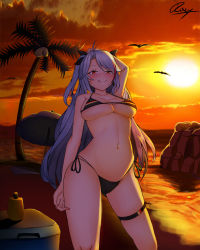 Rule 34 | 1girl, arm up, azur lane, bikini, bird, black bikini, blush, breasts, cleavage, coconut, coconut tree, commentary request, contrapposto, cowboy shot, earrings, flag print, from below, german flag bikini, highres, jewelry, large breasts, licking lips, long hair, looking at viewer, multicolored hair, navel, ocean, palm tree, parasol, prinz eugen (azur lane), prinz eugen (unfading smile) (azur lane), red eyes, red hair, seagull, side-tie bikini bottom, silver hair, smile, solo, standing, sunset, swimsuit, thigh strap, tongue, tongue out, tree, umbrella, urarasy, very long hair