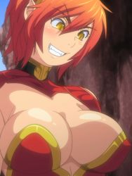 Rule 34 | 1girl, blush, breasts, cleavage, fangs, gokuu (secret journey), grin, large breasts, red hair, screencap, secret journey, short hair, smile, solo, stitched, third-party edit, upper body, yellow eyes