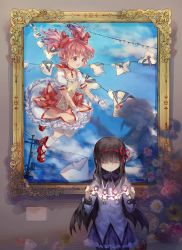 Rule 34 | 2girls, :d, akemi homura, black hair, bow, closed eyes, cloud, crying, doll, dress, flower, frilled skirt, frills, glasses, gloves, highres, holding, kaname madoka, magical girl, mahou shoujo madoka magica, mahou shoujo madoka magica: hangyaku no monogatari, mitakihara school uniform, multiple girls, open mouth, painting (object), paper doll, patricia (madoka magica), pink hair, portrait (object), power lines, purple bow, red ribbon, ribbon, sailor dress, school uniform, shadow, siren (jzy601306223), skirt, smile, surreal, tears, twintails, white gloves, witch&#039;s labyrinth