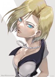 Rule 34 | 1girl, android 18, blazer, blonde hair, blue eyes, breasts, cleavage, closed mouth, dragon ball, dragonball z, earrings, highres, jacket, jewelry, looking at viewer, macrib, necklace, pearl necklace, shirt, short hair, simple background, solo