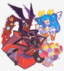 Rule 34 | 1boy, 1girl, asymmetrical wings, blue hair, bracelet, chain, denaseey, dizzy (guilty gear), dragon install, father and daughter, flower, food, guilty gear, guilty gear xrd, jacket, jewelry, long hair, muscular, muscular male, pectoral cleavage, pectorals, ponytail, red jacket, sol badguy, spiked bracelet, spikes, tearing up, tears, twintails, wings, aged down