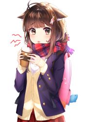 Rule 34 | 1girl, :3, animal ear fluff, animal ears, brown eyes, brown hair, cat ears, cat tail, commentary request, cup, disposable cup, ears down, highres, holding, holding cup, jacket, charm (object), long sleeves, looking at viewer, medium hair, omelet tomato, original, paw print, pink bag, plaid, plaid skirt, purple jacket, red scarf, red skirt, scarf, school uniform, shirt, sidelocks, simple background, skirt, solo, standing, sweater, tail, tearing up, tongue, tongue out, upper body, white background, white shirt, yellow sweater