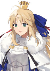 Rule 34 | 1girl, absurdres, ahoge, armor, armored dress, artoria caster (fate), artoria caster (third ascension) (fate), artoria pendragon (fate), blonde hair, blue bow, bow, breastplate, capelet, commentary, crown, ddukbaegihunt, dress, facial mark, fate/grand order, fate (series), forehead mark, fur-trimmed capelet, fur trim, green eyes, hair bow, hair ribbon, highres, long hair, looking at viewer, mini crown, red ribbon, ribbon, sidelocks, simple background, smile, solo, upper body, very long hair, white armor, white background, white capelet