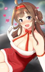 Rule 34 | 10s, 1girl, absurdres, ahoge, alternate costume, blush, bow, breasts, brown hair, collarbone, double bun, dress, elbow gloves, fur trim, gloves, grey background, headband, heart, highres, kantai collection, kongou (kancolle), large breasts, long hair, looking at viewer, open mouth, purple eyes, red dress, red headband, shigure ryuunosuke, sitting, sky, solo, white gloves