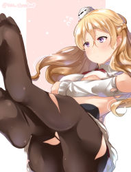 Rule 34 | 1girl, bad id, bad pixiv id, blonde hair, blush, braid, breasts, character request, closed mouth, commentary request, feet, flying sweatdrops, foot focus, french braid, frown, furrowed brow, hair between eyes, juurouta, kantai collection, large breasts, legs, long hair, pink background, purple eyes, soles, solo, thick eyebrows, toes, torn clothes, torn legwear, twitter username, wing collar, zara (kancolle)