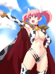Rule 34 | 1girl, animal print, areola slip, armpits, bell, breasts, brown eyes, cape, cleavage, cloud, cow horns, cow print, cowbell, day, earrings, hand on own hip, hataraku maou-sama!, highres, horns, jewelry, large breasts, navel, open mouth, pink hair, pointing, pointy ears, sasaki chiho, short hair, short twintails, shoulder pads, sky, solo, suzu-batsu, twintails
