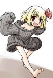 Rule 34 | 1girl, :d, akou roushi, alternate costume, barefoot, blonde hair, blush, bottomless, bow, child, embodiment of scarlet devil, fang, feet, female focus, hair bow, hair ribbon, naked sweater, no pants, open mouth, outstretched leg, oversized clothes, ribbed sweater, ribbon, rumia, short hair, smile, soles, solo, sweater, toes, touhou