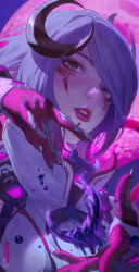 Rule 34 | 1girl, absurdres, apex legends, blood moon catalyst, catalyst (apex legends), chinese commentary, crescent, crescent hair ornament, from side, gloves, grey eyes, grey hair, hair ornament, highres, jacket, looking at viewer, official alternate costume, parted lips, purple gloves, short hair, solo, vocky, white jacket