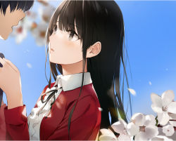 Rule 34 | 1boy, 1girl, bad id, bad pixiv id, black hair, black ribbon, blue sky, blurry, blurry background, blush, brown eyes, brown hair, center frills, cherry blossoms, collared shirt, commentary request, day, flower, frills, from side, hand up, highres, jacket, katou megumi, long hair, long sleeves, looking at another, neck ribbon, niii (memstapak), open clothes, open mouth, outdoors, parted lips, petals, red jacket, ribbon, saenai heroine no sodatekata, shirt, sky, solo focus, upper body, white flower, white shirt