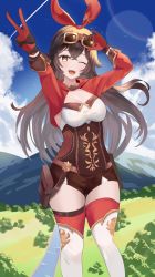 Rule 34 | 1girl, ;d, amber (genshin impact), arm up, blue sky, blush, breasts, brown hair, brown shorts, cleavage, cloud, cropped jacket, genshin impact, gloves, goggles, goggles on head, highres, jacket, long hair, long sleeves, looking at viewer, mountain, one eye closed, open mouth, red gloves, red jacket, red ribbon, red thighhighs, rererere mon, ribbon, short shorts, shorts, sky, smile, solo, thighhighs, thighs, v
