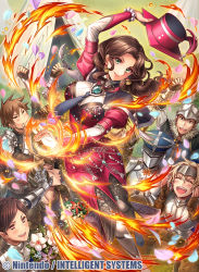 Rule 34 | 1girl, 6+boys, arm up, armor, brown hair, closed eyes, closed mouth, company name, copyright name, dorothea arnault, earrings, fire, fire emblem, fire emblem: three houses, fire emblem cipher, flower, fumi (butakotai), green eyes, hat, helmet, holding, holding clothes, holding hat, jewelry, long hair, long sleeves, multiple boys, necktie, nintendo, official art, open mouth, petals, smile, unworn hat, unworn headwear