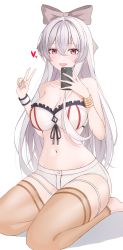 Rule 34 | 1girl, :d, absurdres, bandeau, bare shoulders, barefoot, bow, bracelet, breasts, cellphone, cleavage, costone, crop top, frills, front-tie top, hair bow, hands up, heart, highres, holding, holding phone, jewelry, large breasts, long hair, looking at viewer, micro shorts, midriff, navel, open mouth, orange thighhighs, original, phone, red eyes, seiza, shorts, simple background, sitting, smartphone, smile, solo, stomach, strapless, thigh strap, thighhighs, thighs, toeless legwear, tube top, v, white background, white hair, white shorts, wristband