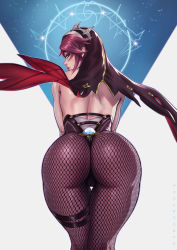 Rule 34 | 1girl, ass, bent over, crotch seam, dandon fuga, fishnet thighhighs, fishnets, from behind, genshin impact, headgear, headwear request, highres, leaning forward, legs together, lips, looking at viewer, looking back, pantyhose, purple eyes, purple hair, rosaria (genshin impact), solo, thick thighs, thigh gap, thigh strap, thighhighs, thighs, turning head