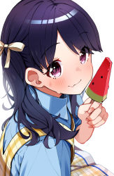 Rule 34 | 1girl, absurdres, black hair, blouse, blue shirt, bow, closed mouth, collared shirt, commentary request, dress, fang, fang out, food, from side, fukumaru koito, hair bow, hand up, highres, holding, holding food, idolmaster, idolmaster shiny colors, looking at viewer, looking to the side, morumoru x, plaid, plaid dress, popsicle, purple eyes, shirt, short sleeves, simple background, sleeveless, sleeveless dress, smile, solo, sweat, watermelon bar, white background, white bow, yellow dress