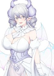 Rule 34 | 1girl, :d, armlet, arms at sides, between breasts, blush, breasts, cleavage, cowboy shot, demon wings, detached collar, detached sleeves, dress, drill hair, duel monster, earrings, etan14, garter straps, gloves, grey hair, hair between eyes, highres, horns, jewelry, large breasts, leotard, leotard under clothes, looking at viewer, lovely labrynth of the silver castle, low wings, open mouth, pointy ears, see-through, simple background, smile, solo, twin drills, twintails, underbust, white background, white dress, white gloves, white wings, wings, yu-gi-oh!, yu-gi-oh! duel monsters