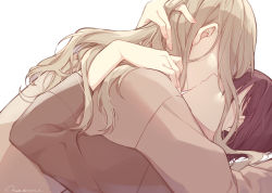 Rule 34 | 2girls, blonde hair, brown hair, fingernails, from side, hair over eyes, hand in another&#039;s hair, hand on another&#039;s shoulder, hazuki natsu, kiss, long hair, lying, lying on person, multiple girls, nail polish, on back, original, short hair, upper body, white background, yuri