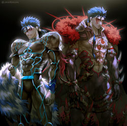 Rule 34 | 2boys, abs, armor, bare pectorals, beads, black background, blue hair, bodypaint, bodysuit, cape, claws, cowboy shot, cu chulainn (caster) (fate), cu chulainn (fate), cu chulainn (fate/stay night), cu chulainn (prisma illya), cu chulainn alter (fate), dark persona, earrings, elbow gloves, facepaint, fate/grand order, fate/kaleid liner prisma illya, fate (series), fur, gloves, glowing, grin, hair beads, hair ornament, highres, hood, hood down, jewelry, kim yura (goddess mechanic), long hair, male focus, mask, monster boy, multiple boys, multiple persona, muscular, pants, pauldrons, pectorals, ponytail, red eyes, sharp teeth, shoulder armor, simple background, skin tight, smile, spiked hair, spikes, tail, teeth, topless male, twitter username, type-moon