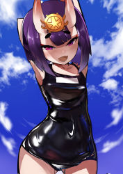Rule 34 | 1girl, arm behind head, armpits, arms up, bad id, bad twitter id, bare shoulders, black one-piece swimsuit, blue sky, blush, bob cut, breasts, collarbone, covered navel, day, eyeliner, fang, fate/grand order, fate (series), headpiece, highres, horns, looking at viewer, makeup, one-piece swimsuit, oni, open mouth, purple eyes, purple hair, school swimsuit, shimejinameko, short eyebrows, short hair, shuten douji (fate), skin-covered horns, sky, small breasts, smile, solo, swimsuit