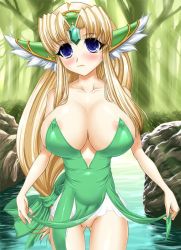 Rule 34 | 1girl, bad anatomy, bare shoulders, blonde hair, blue eyes, blush, bow, breast clinging, breasts, bursting breasts, cleavage, clothes lift, collarbone, covered erect nipples, forest, gem, green gemstone, hair bow, head wings, huge breasts, lake, long hair, narrow waist, nature, nipples, no panties, pussy, riesz, river, seiken densetsu, seiken densetsu 3, skirt, skirt lift, sleeveless, smile, solo, thigh gap, thighs, uncensored, water, wings