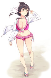 Rule 34 | 1girl, bikini, black hair, breasts, character request, check character, cleavage, feet, flip-flops, folded ponytail, full body, green eyes, hair ornament, hair ribbon, hairclip, highres, large breasts, long sleeves, looking to the side, midriff, motsutoko, navel, open clothes, pink bikini, purple bikini, ribbon, sandals, smile, solo, sweater, swimsuit, toes, toji no miko, white background, white ribbon, white sweater, x hair ornament, yanase mai