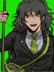 Rule 34 | 10s, 1boy, butterfly net, danganronpa (series), formal, glasses, gokuhara gonta, green background, green hair, hand net, hisida, insect cage, long hair, male focus, messy hair, muscular, danganronpa v3: killing harmony, orange eyes, simple background, smile, solo, suit, upper body